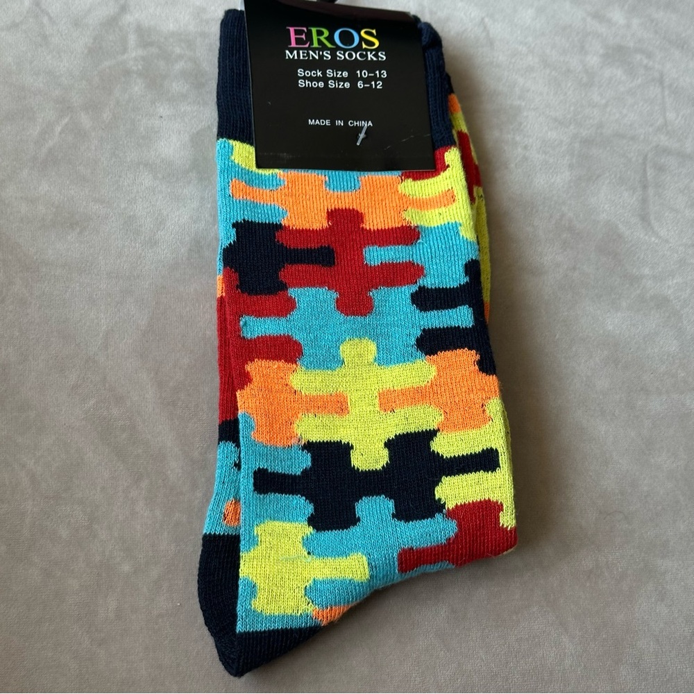 Men's Eros Colorful Puzzle Crew Socks Fits Shoe 6-12 Brand New